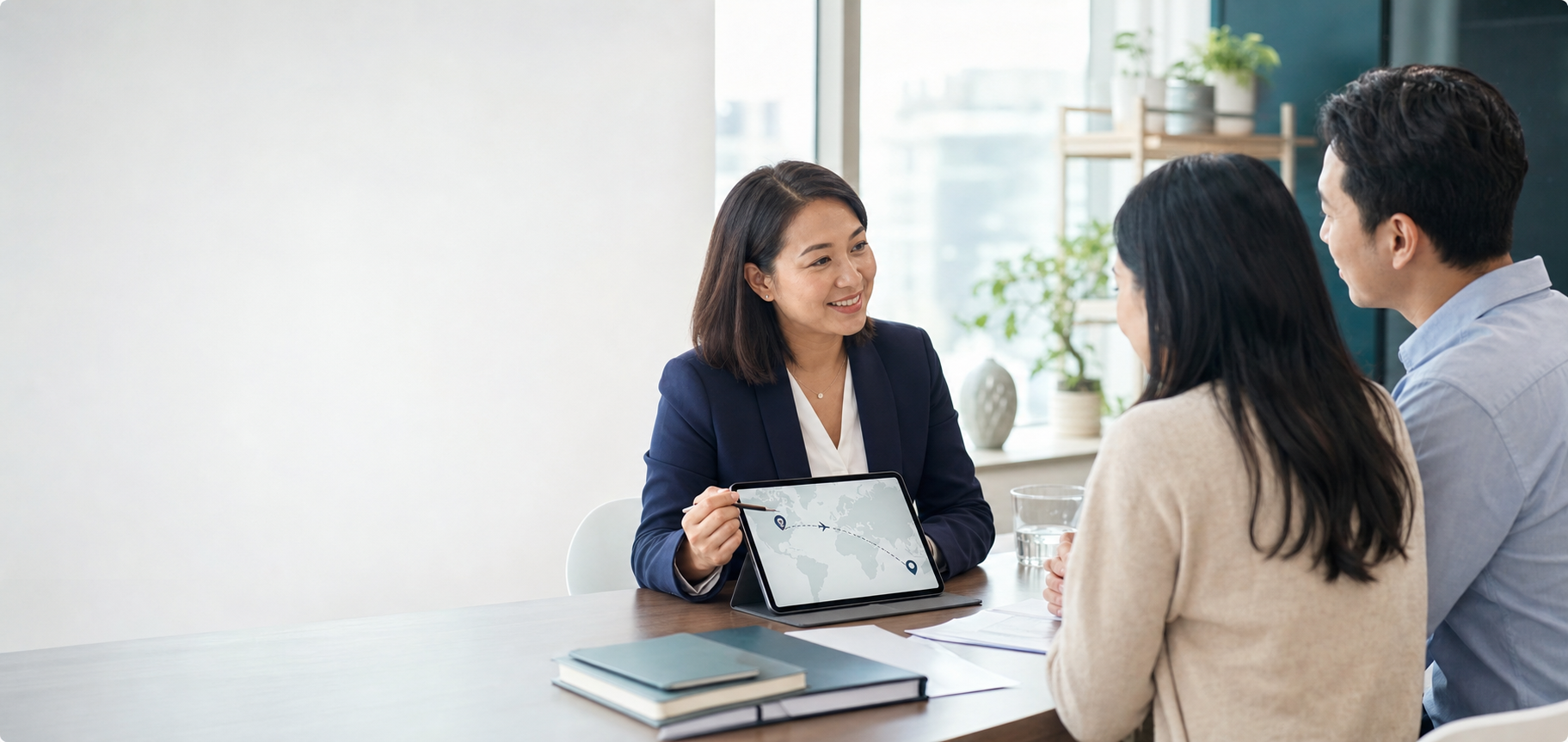 A patient navigator consulting with international patients in a modern healthcare office